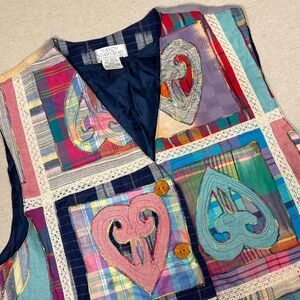 Vintage Sandy Starkman Patchwork Plaid Cotton Vest Heart Applique L Wearable Art